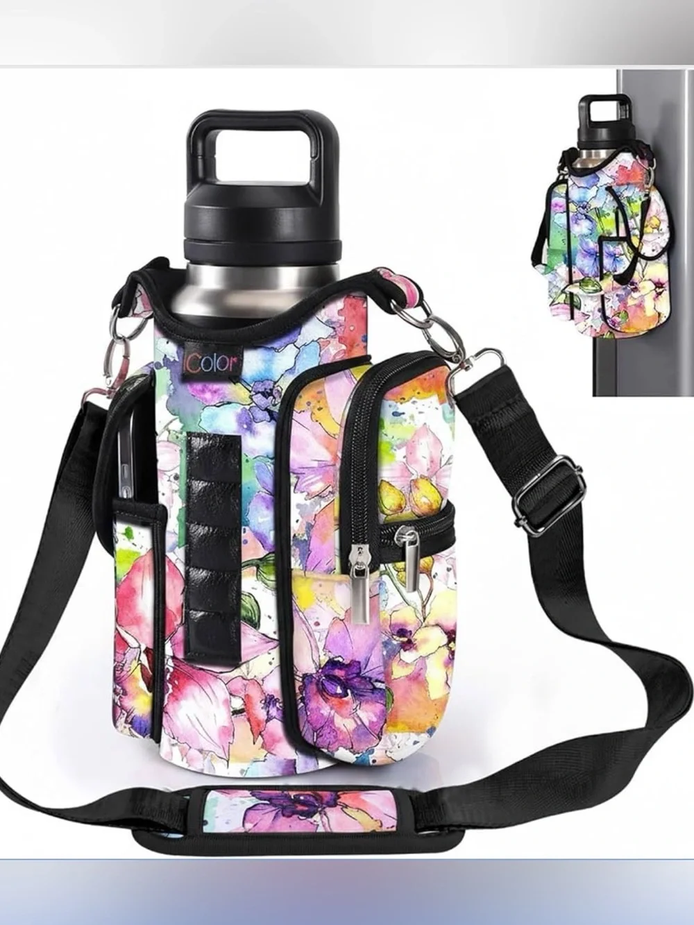 Floral Magnetic Gym Bag Water Bottle Holder with Phone Pockets & Shoulder Strap